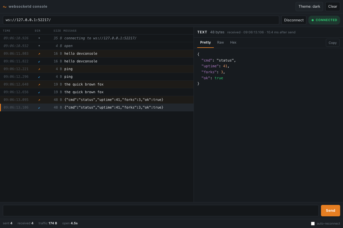 The websocketd dev console in dark mode, showing the same session