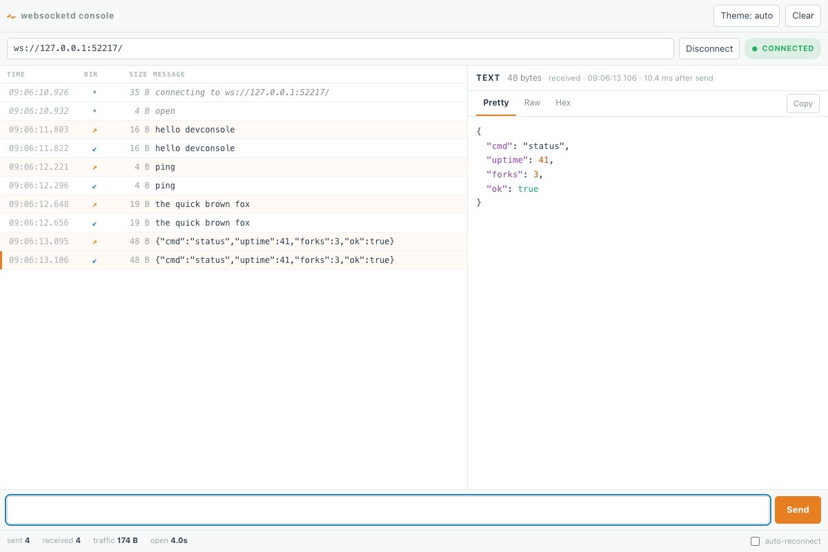 The websocketd dev console in light mode: a frame list on the left, an inspector pane on the right, and a message composer along the bottom
